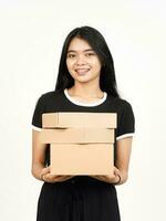 Holding Package Box or Cardboard Box Of Beautiful Asian Woman Isolated On White Background photo