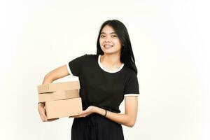 Holding Package Box or Cardboard Box Of Beautiful Asian Woman Isolated On White Background photo