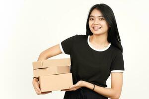 Holding Package Box or Cardboard Box Of Beautiful Asian Woman Isolated On White Background photo