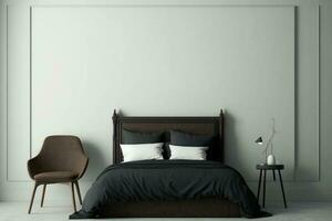 Comfortable bedroom with empty wall mockup design, dark bed and wooden chair AI Generated photo