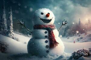 Happy snowman in winter secenery AI Generated photo