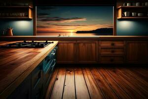 Wood Empty Surface And Kitchen as Background In The Evening AI Generated photo