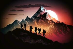 grupo de personas en pico montaña alpinismo Ayudar equipo trabajo , viaje trekking éxito negocio concepto, puesta de sol oscuro tema ai generado foto