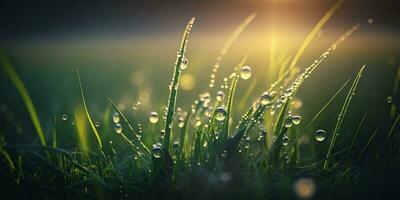 Spring nature background of grass at sunrise with morning's dew AI Generated photo