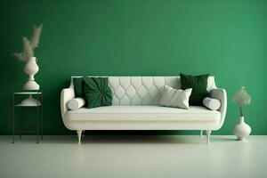 Interior design scene white couch on a green wall background with copy space AI Generated photo