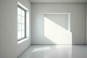 Blank white wall with window and concrete floor, mock up AI Generated photo