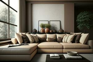 Modern style interior design. Leather beige sofa AI Generated photo