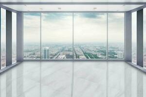 Business and design concept empty marble floor and window with panoramic modern cityscape AI Generated photo