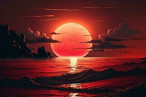 red sunset in ocean AI Generated photo