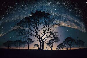 paisaje demostración arboles en contra mágico y estrellado noche cielo lleno de estrellas ai generado foto