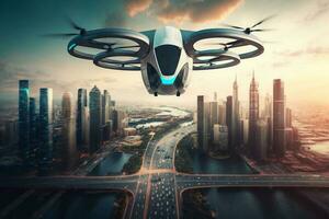 Autonomous driverless aerial vehicle flying on city background Future transportation AI Generated photo