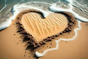 Heart drawn on the beach sand with sea foam and wave AI Generated photo