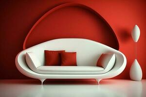 Interior design of modern white couch on red wall background AI Generated photo