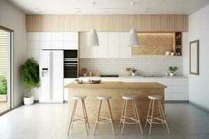 Modern white and wooden kitchen interior design architecture idea AI Generated photo