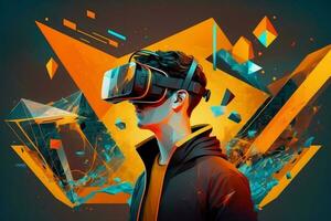 Man wear virtual reality VR goggle on metaverse digital cyber world technology and game and playing entertainment NFT game futuristic lifestyle in Low polygon, particle AI Generated photo