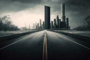 Empty asphalt road towards modern city AI Generated photo