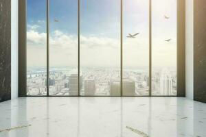 Business and design concept empty marble floor and window with panoramic modern cityscape AI Generated photo