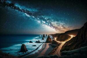 Great Ocean Road at night milky way view AI Generated photo