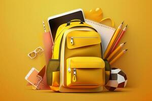 Stationery Supplies in the school bag. Banner design education On Yellow background AI Generated photo