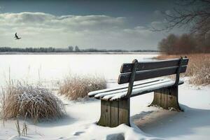 bench and snowy winter landscape AI Generated photo