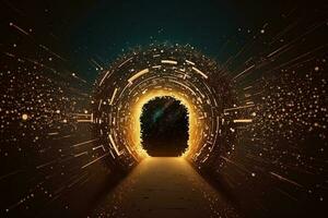 Digital tunnel of cyberspace with particles and lighting, Technology network connections abstract background concept AI Generated photo