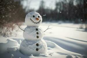 Happy snowman in winter secenery AI Generated photo