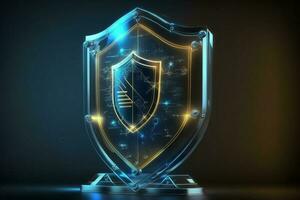 3d futurista brillante bajo poligonal Guardia proteger símbolo aislado en oscuro azul antecedentes. ciber seguridad. datos proteccion concepto. moderno estructura metálica diseño ai generado foto