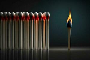 Lit match next to a row of unlit matches. The Passion of One Ignites New Ideas, Change in Others AI Generated photo