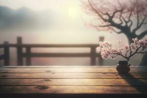 Empty top wooden table and sakura flower with fog and morning light background AI Generated photo