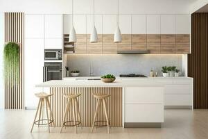 Modern white and wooden kitchen interior design architecture idea AI Generated photo