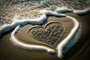 Heart drawn on the beach sand with sea foam and wave AI Generated photo