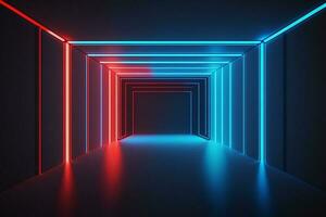 red blue neon light, glowing lines, blank horizontal screen, ultraviolet spectrum, empty room, abstract background AI Generated photo