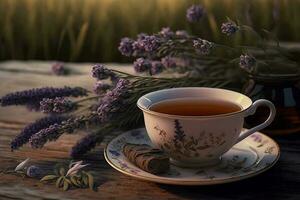 taza de té con lavanda flores en un de madera mesa ai generado foto