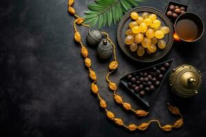 Top view image of decoration Ramadan Kareem, dates fruit, aladdin lamp and rosary beads on dark stone background. Flat lay with copy space AI Generated photo