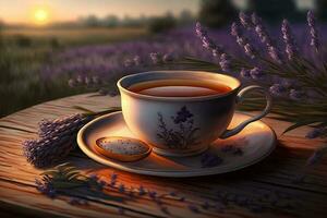 cup of tea with lavender flowers on a wooden table AI Generated photo