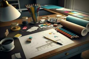 Worktable interior design with drawing and decoration materials AI Generated photo