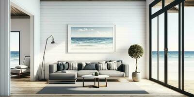 vivo habitación con de madera piso, blanco pared fondo, lujo mar playa casa ai generado foto