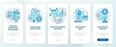 Increase agribusiness productivity blue onboarding mobile app screen. Walkthrough 5 steps editable graphic instructions with linear concepts. UI, UX, GUI template vector