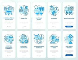 Farming productivity blue onboarding mobile app screen set. Walkthrough 5 steps editable graphic instructions with linear concepts. UI, UX, GUI template vector