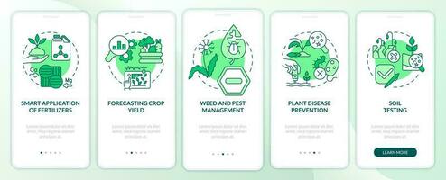 Increased crop yield green onboarding mobile app screen. Agribusiness walkthrough 5 steps editable graphic instructions with linear concepts. UI, UX, GUI template vector