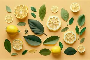 Summer composition made from lemon and green leaves on pastel yellow background. Fruit minimal concept. Flat lay, top view AI Generated photo