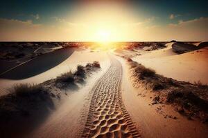 Road parted by a sandy path to the sun. Background AI Generated photo