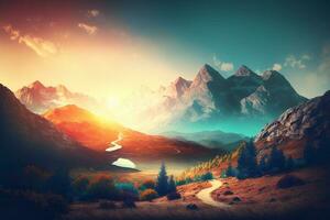 Beautiful landscape with mountains, mist and sun in the morning. Travel background AI Generated photo