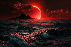 rojo puesta de sol en Oceano ai generado foto