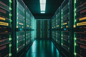 Shot of Data Center With Multiple Rows of Fully Operational Server Racks AI Generated photo