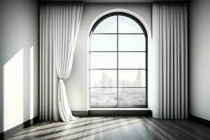 Front view of contemporary interior with curtains, panoramic city view and daylight AI Generated photo