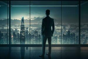 Young business man standing in office watching the modern city night view AI Generated photo