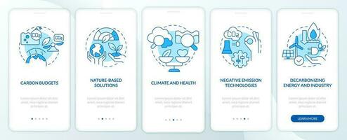 Global net zero goals blue onboarding mobile app screen. Carbon walkthrough 5 steps editable graphic instructions with linear concepts. UI, UX, GUI template vector