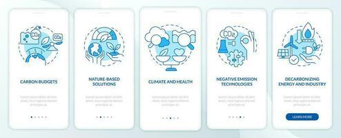 Global net zero goals blue onboarding mobile app screen. Carbon walkthrough 5 steps editable graphic instructions with linear concepts. UI, UX, GUI template vector