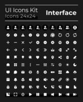 Comprehensible white glyph ui icons set for dark mode. Silhouette symbols on black background. Solid pictograms for web, mobile. Vector isolated illustrations